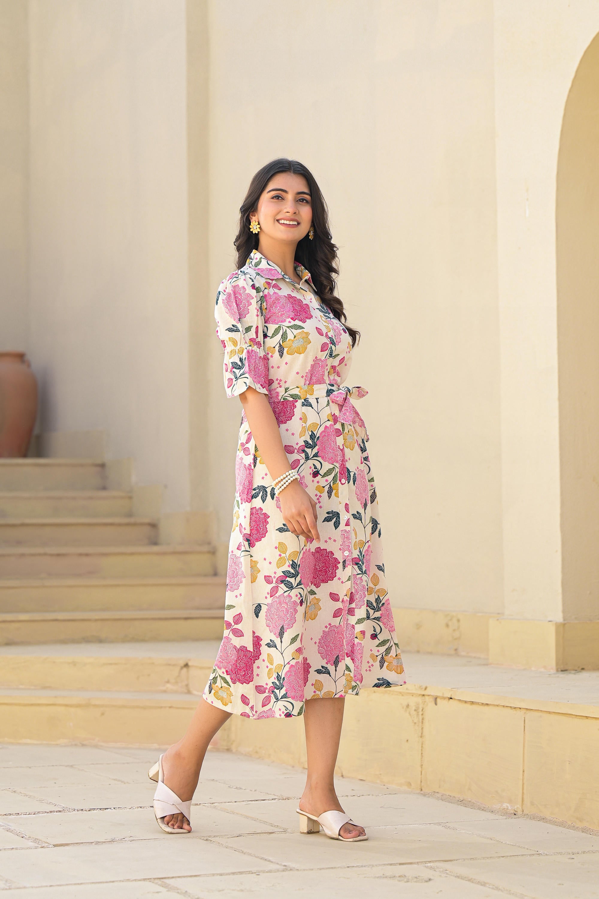 Juniper Pink Floral Printed Cotton Long Dress With Belt