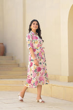 Thumbnail for Juniper Pink Floral Printed Cotton Long Dress With Belt
