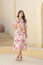 Thumbnail for Juniper Pink Floral Printed Cotton Long Dress With Belt