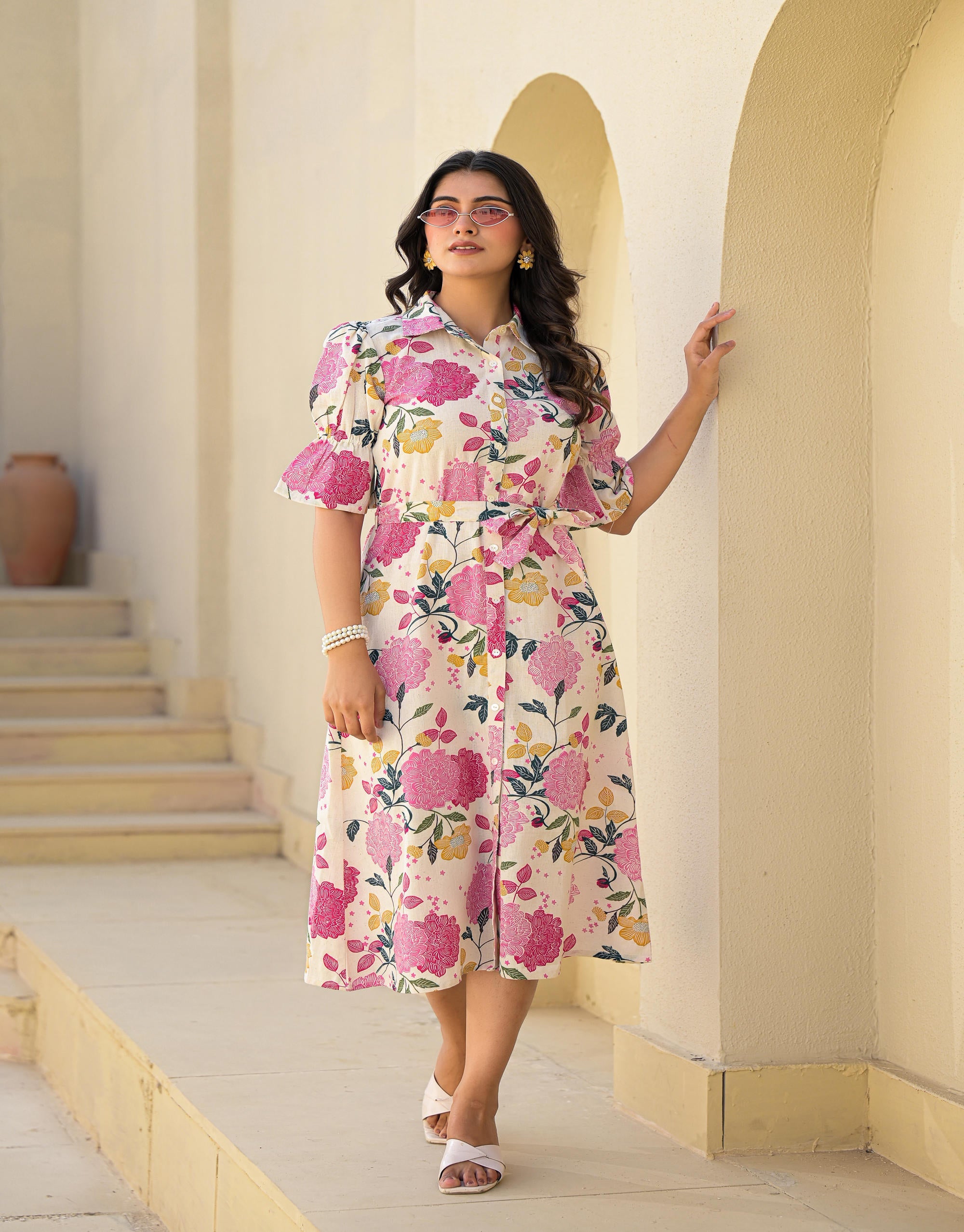 Juniper Women's Pink Floral Printed Cotton Long Dress With Belt - Distacart