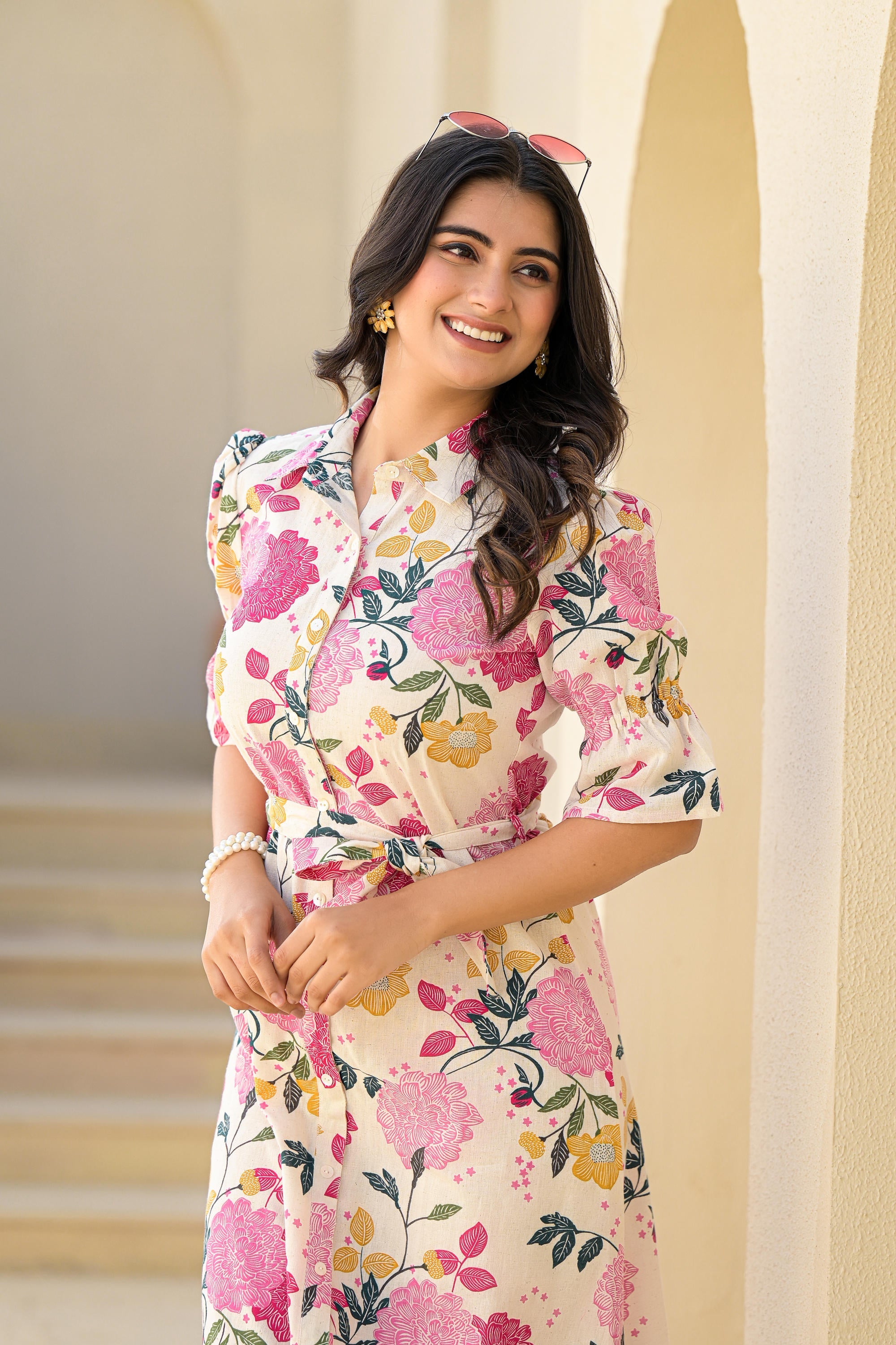 Juniper Women's Pink Floral Printed Cotton Long Dress With Belt - Distacart
