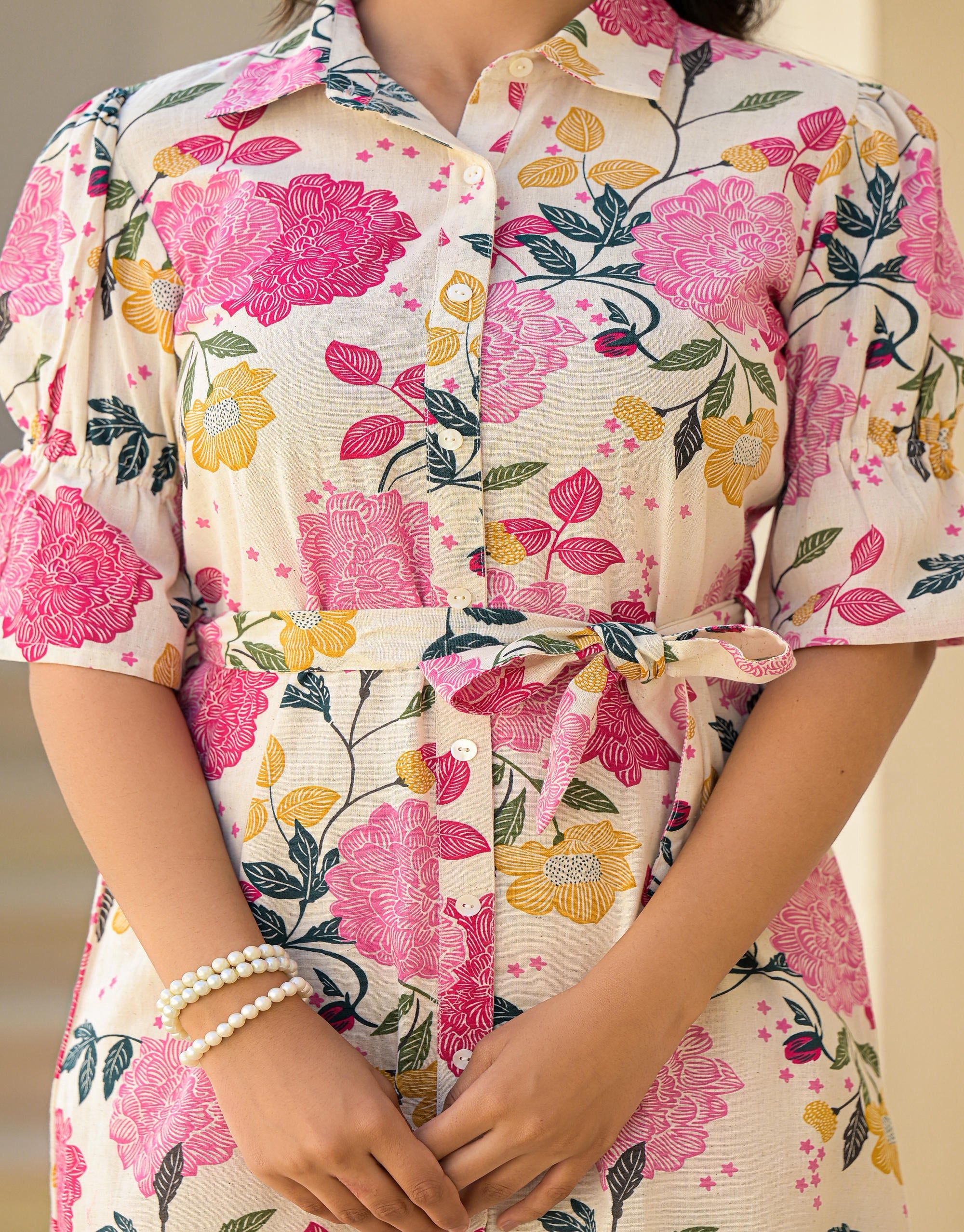 Juniper Women's Pink Floral Printed Cotton Long Dress With Belt - Distacart