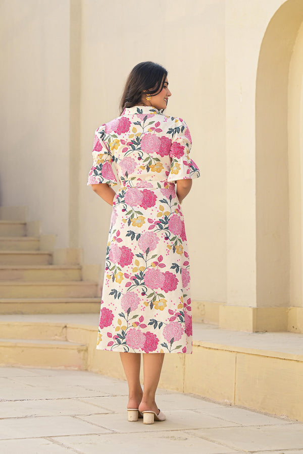 Juniper Women's Pink Floral Printed Cotton Long Dress With Belt - Distacart