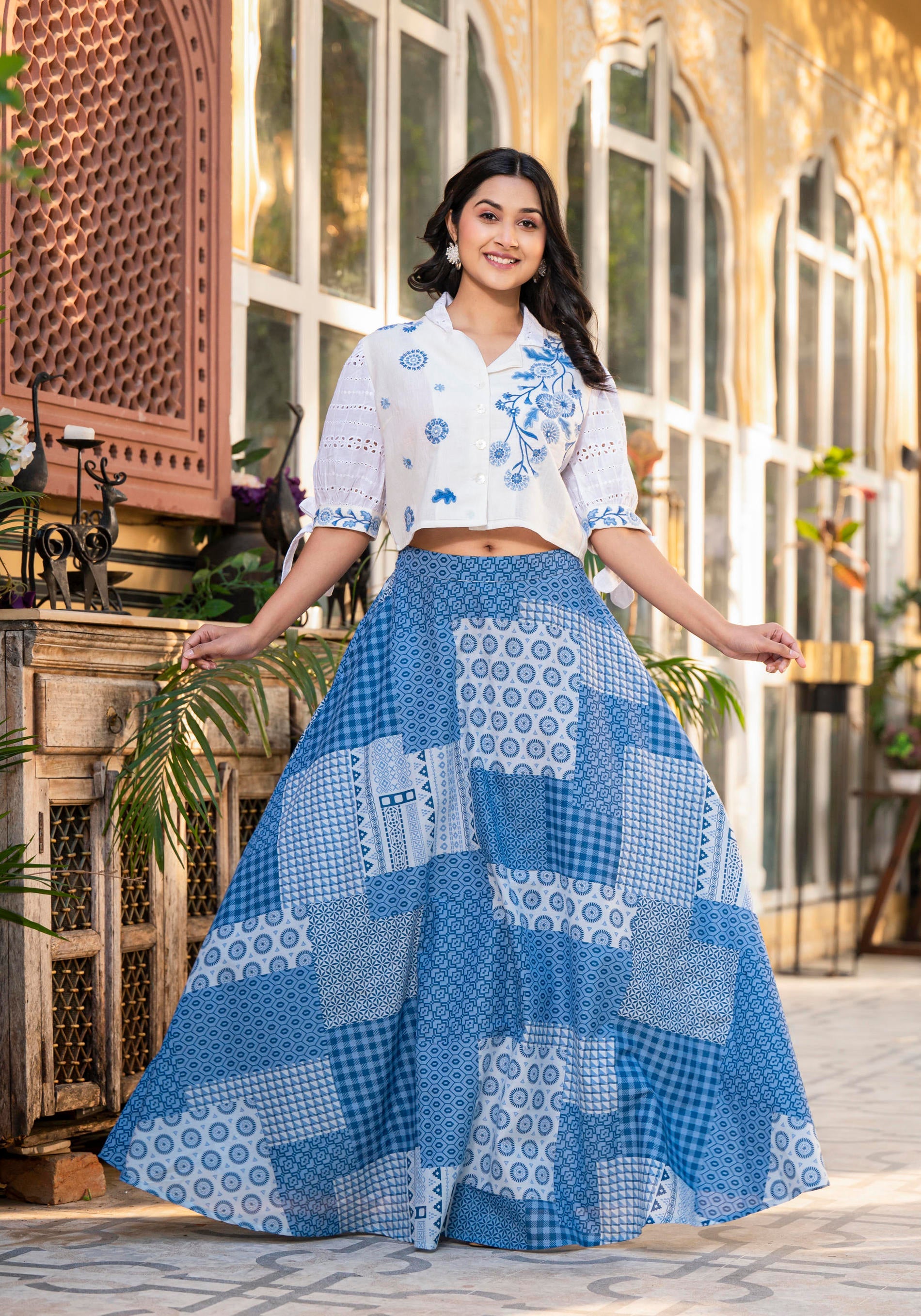 Juniper Blue Geometric Printed Cotton Top & Skirt With Thread Work - Distacart