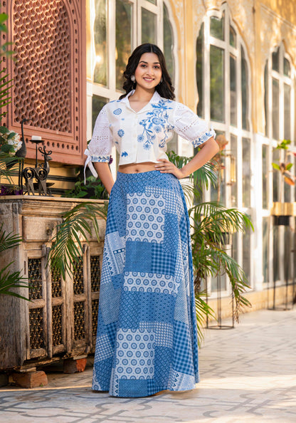 Juniper Blue Geometric Printed Cotton Top & Skirt With Thread Work - Distacart