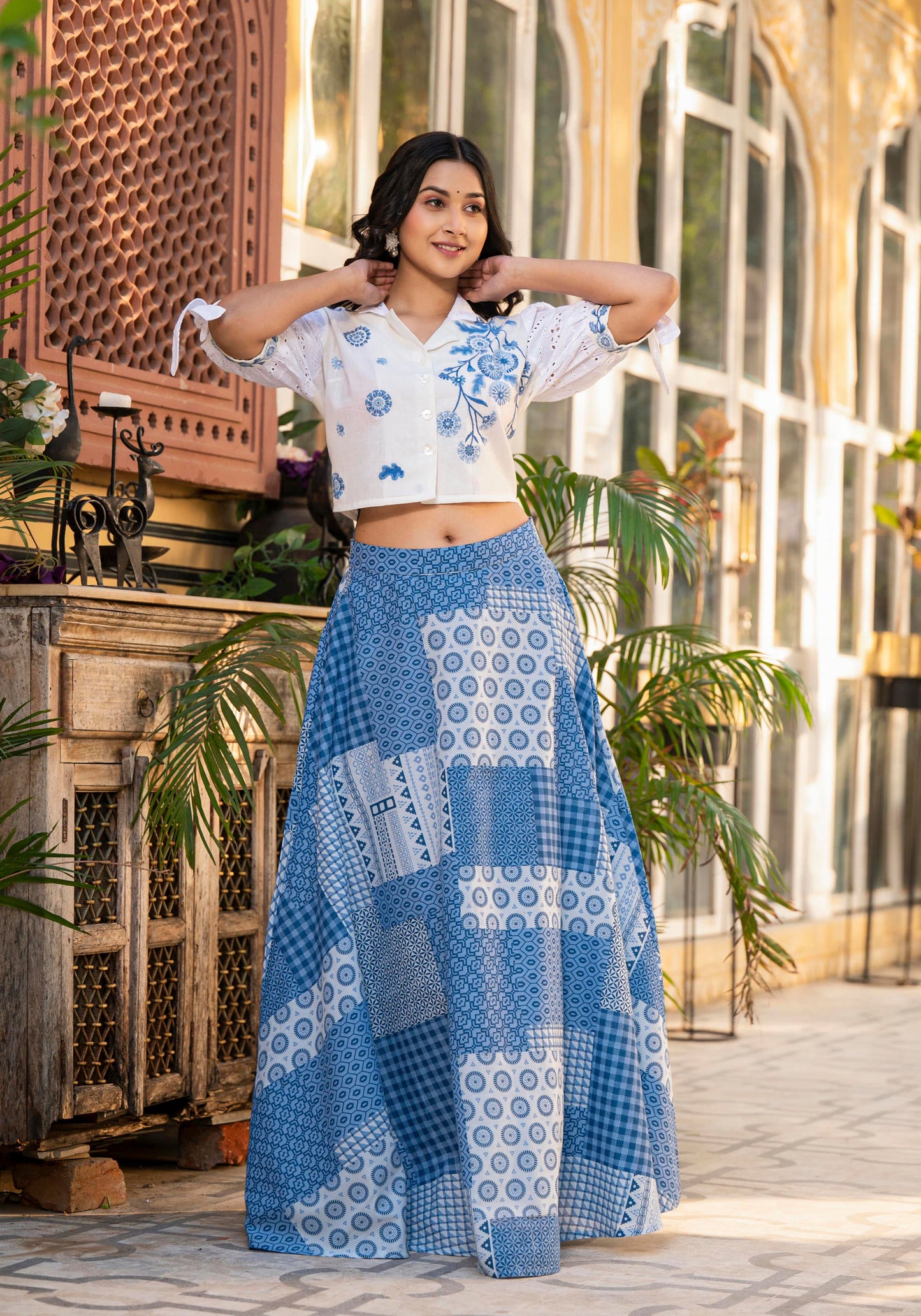Juniper Blue Geometric Printed Cotton Top & Skirt With Thread Work - Distacart