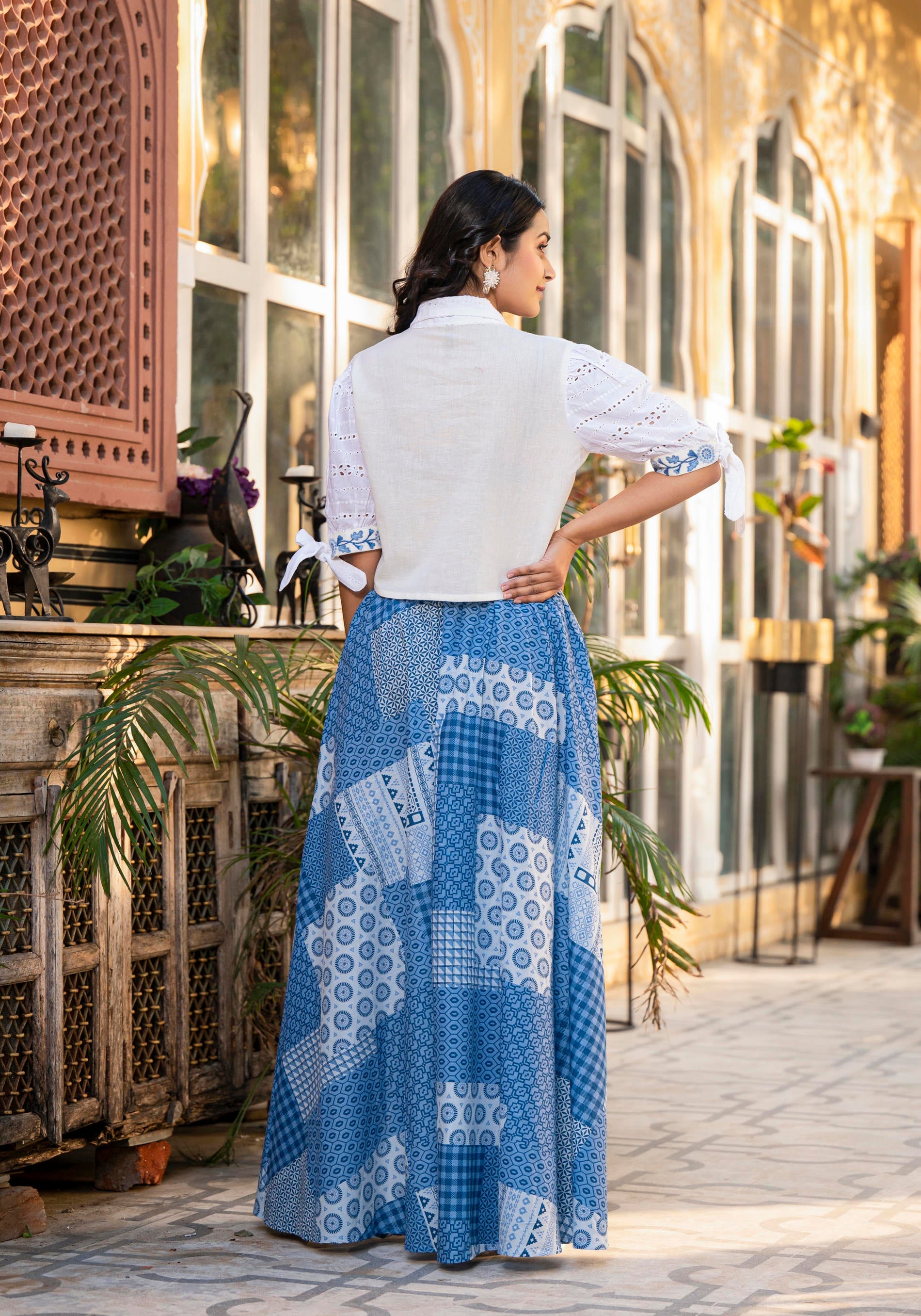 Juniper Blue Geometric Printed Cotton Top & Skirt With Thread Work - Distacart