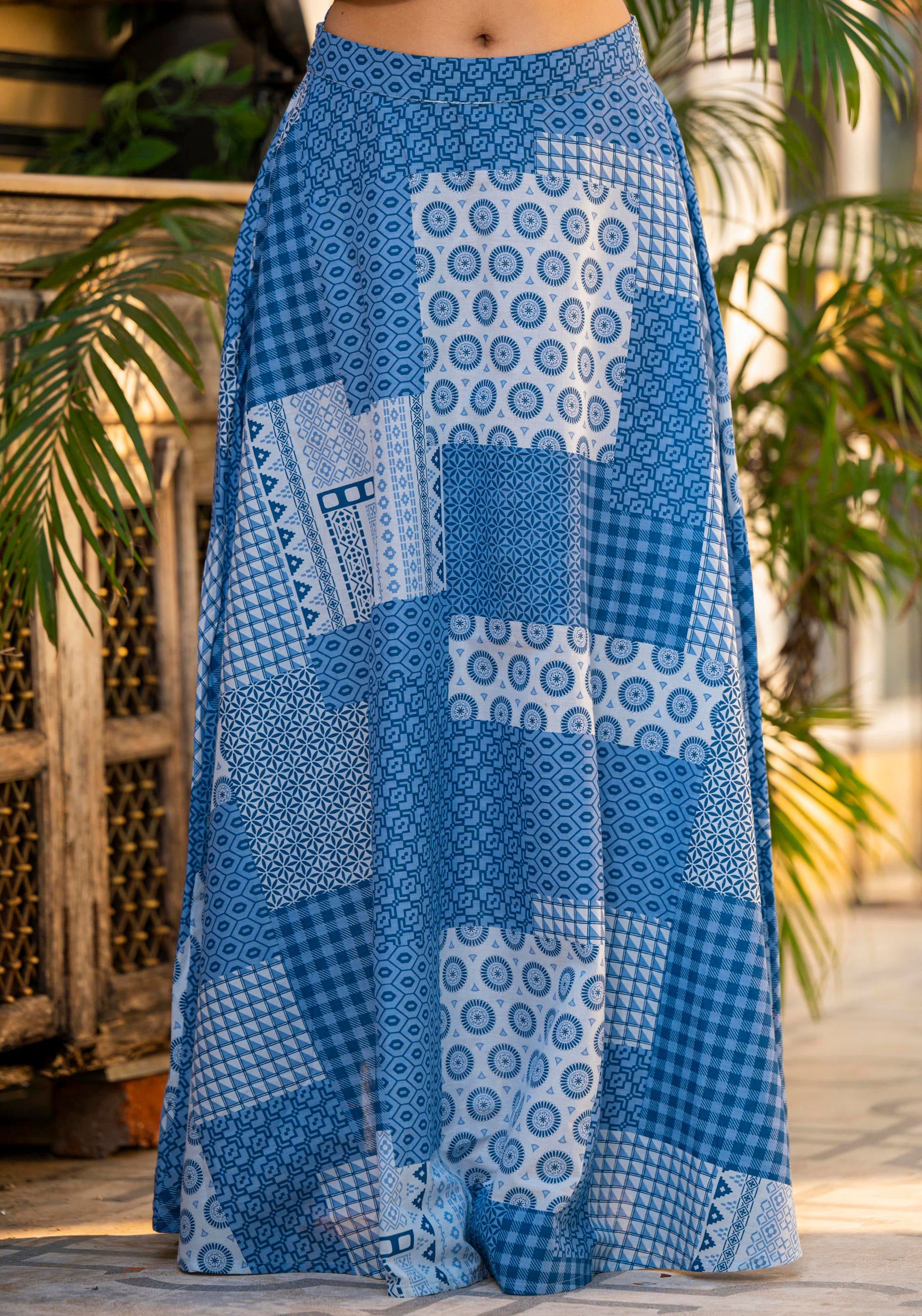 Juniper Blue Geometric Printed Cotton Top & Skirt With Thread Work - Distacart
