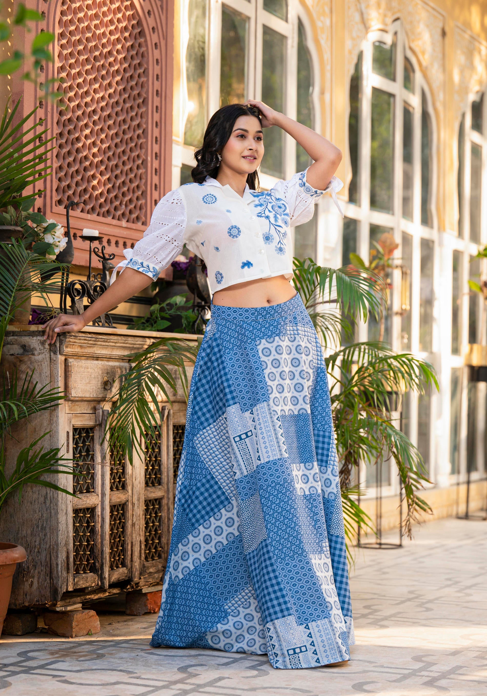 Juniper Blue Geometric Printed Cotton Top & Skirt With Thread Work - Distacart