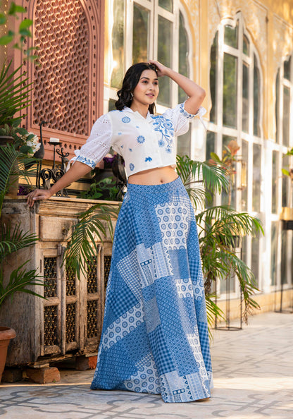 Juniper Blue Geometric Printed Cotton Top & Skirt With Thread Work - Distacart