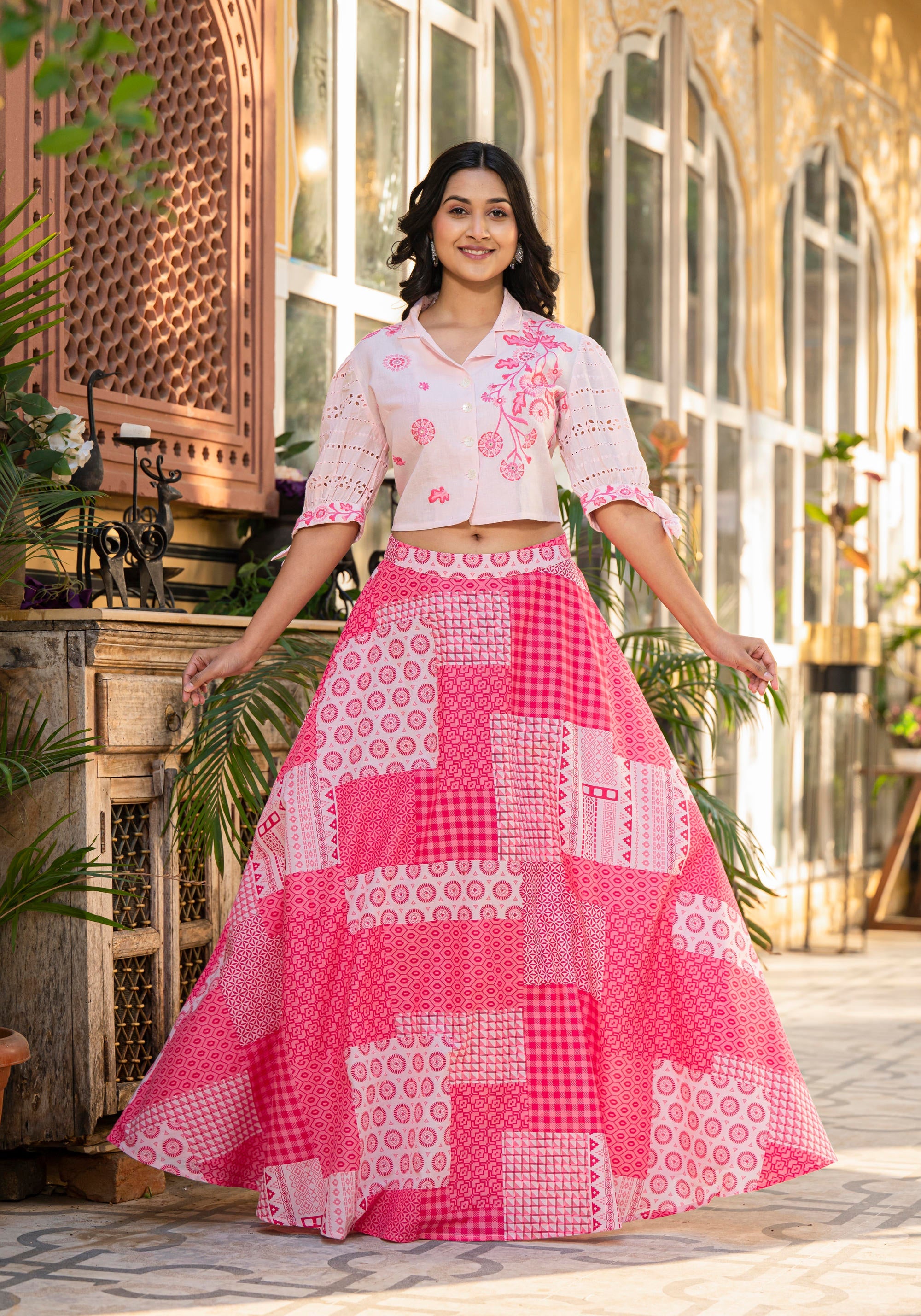 Juniper Pink Geometric Printed Cotton Top & Skirt With Thread Work - Distacart
