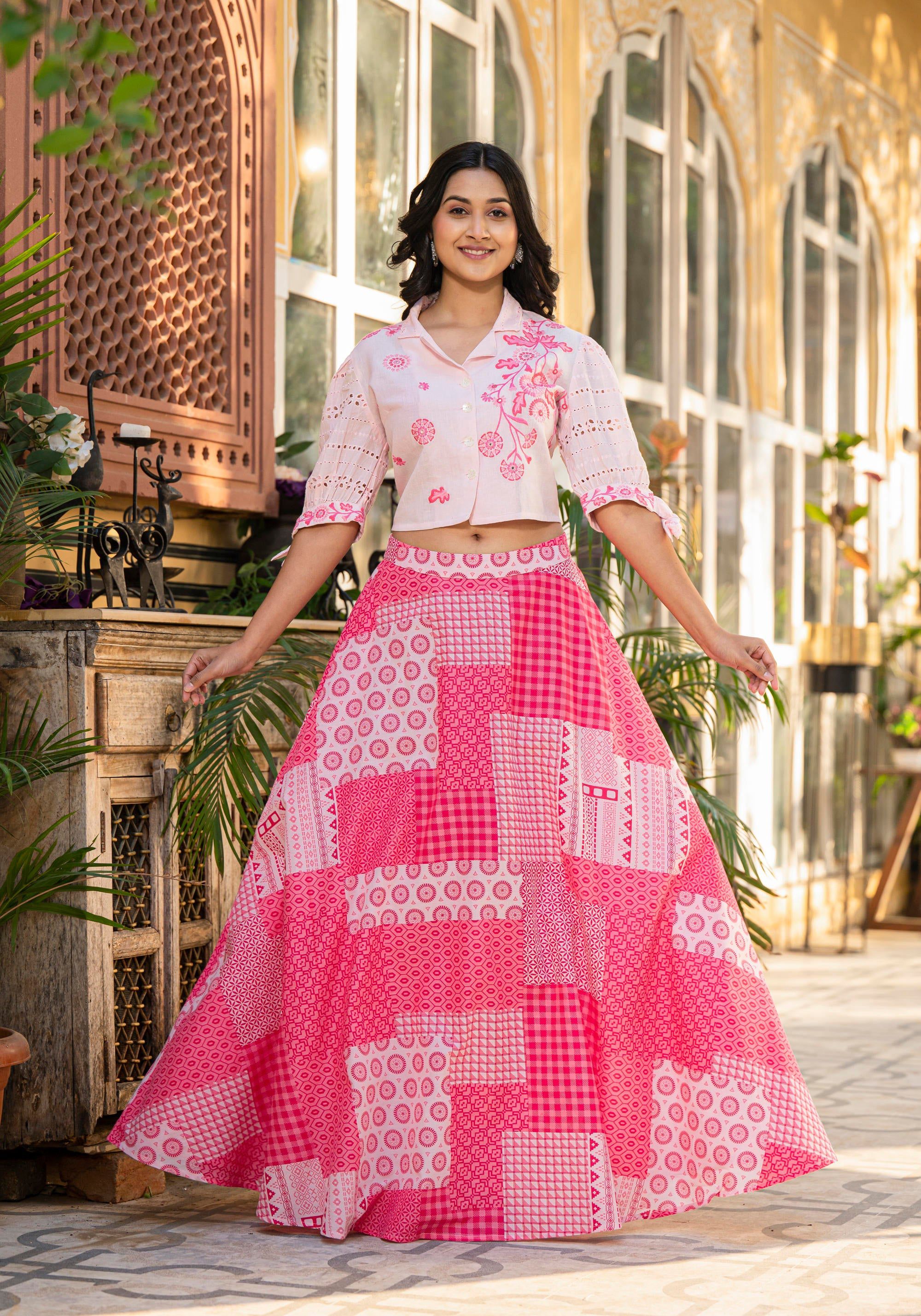 Juniper Pink Geometric Printed Cotton Top & Skirt With Thread Work - Distacart