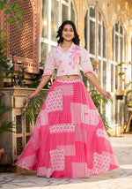 Thumbnail for Juniper Pink Geometric Printed Cotton Top & Skirt With Thread Work - Distacart
