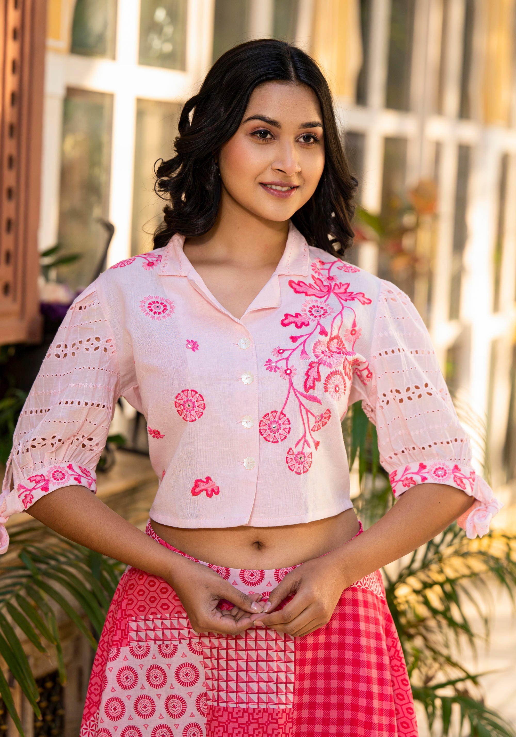 Juniper Pink Geometric Printed Cotton Top & Skirt With Thread Work - Distacart