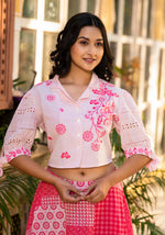 Thumbnail for Juniper Pink Geometric Printed Cotton Top & Skirt With Thread Work - Distacart