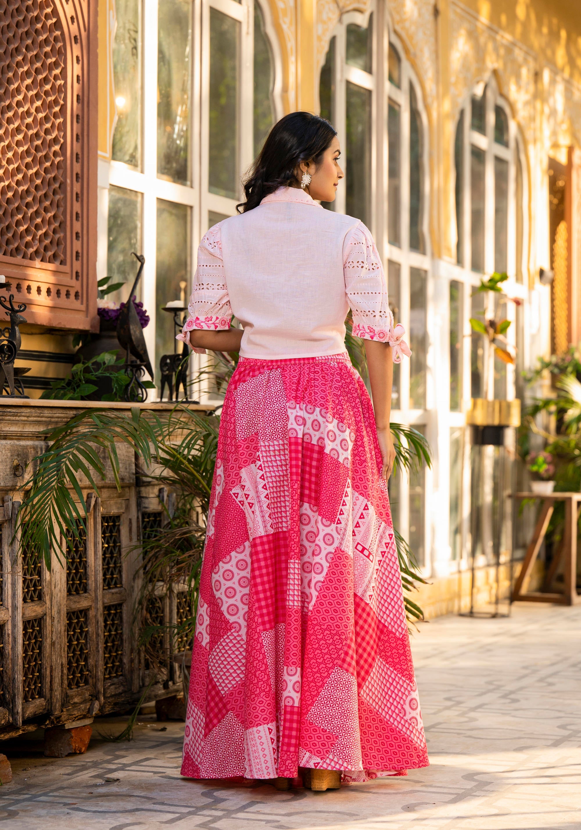 Juniper Pink Geometric Printed Cotton Top & Skirt With Thread Work - Distacart