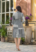 Thumbnail for Juniper Black Geometric Printed Cotton Short Dress With Buttons
