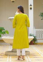 Thumbnail for Juniper Lime Green Solid Cotton Linen Kurta With Button Closure - Distacart
