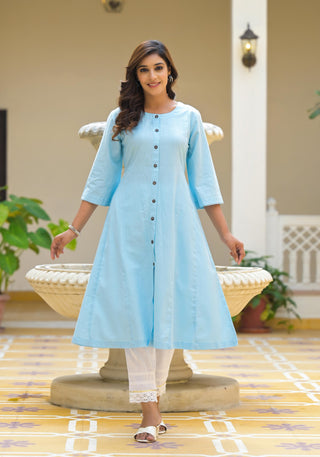 Juniper Powder Blue Solid Cotton Linen Kurta With Button Closure - Distacart