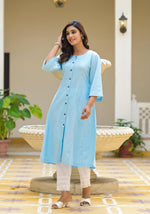 Thumbnail for Juniper Powder Blue Solid Cotton Linen Kurta With Button Closure - Distacart