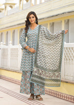 Thumbnail for Juniper Women's Grey Floral Printed Cotton Kurta Sharara And Dupatta Set With Sequins - Distacart