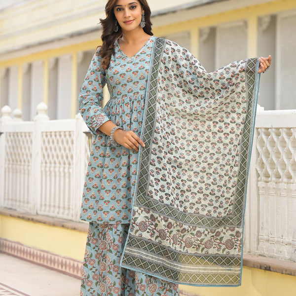 Juniper Grey Floral Printed Cotton Kurta Sharara And Dupatta Set With Sequins