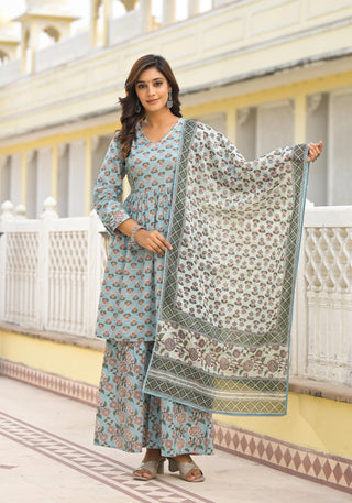 Juniper Grey Floral Printed Cotton Kurta Sharara And Dupatta Set With Sequins