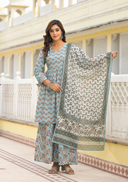 Juniper Grey Floral Printed Cotton Kurta Sharara And Dupatta Set With Sequins