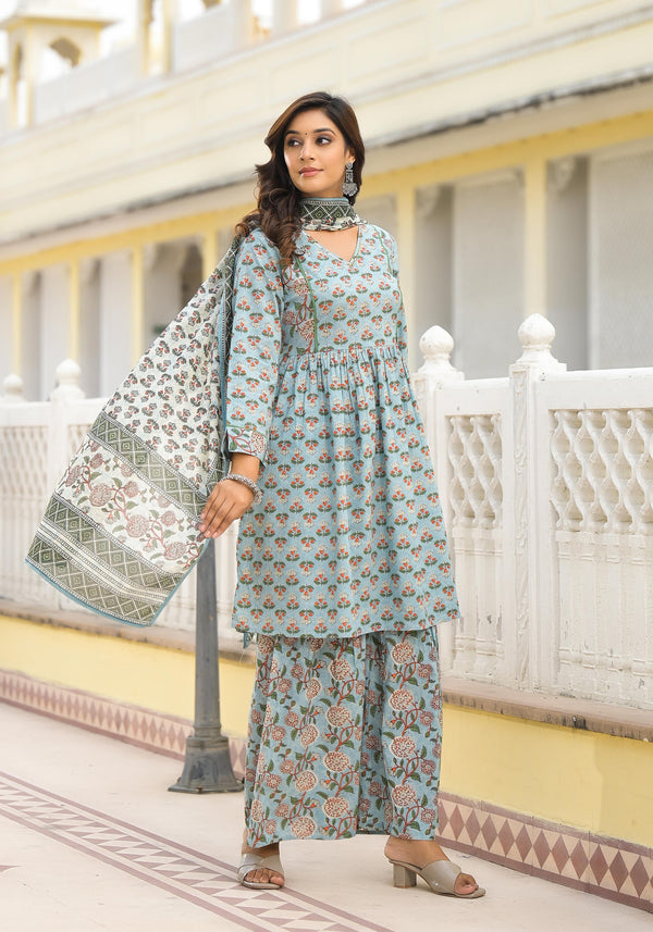 Juniper Women's Grey Floral Printed Cotton Kurta Sharara And Dupatta Set With Sequins - Distacart