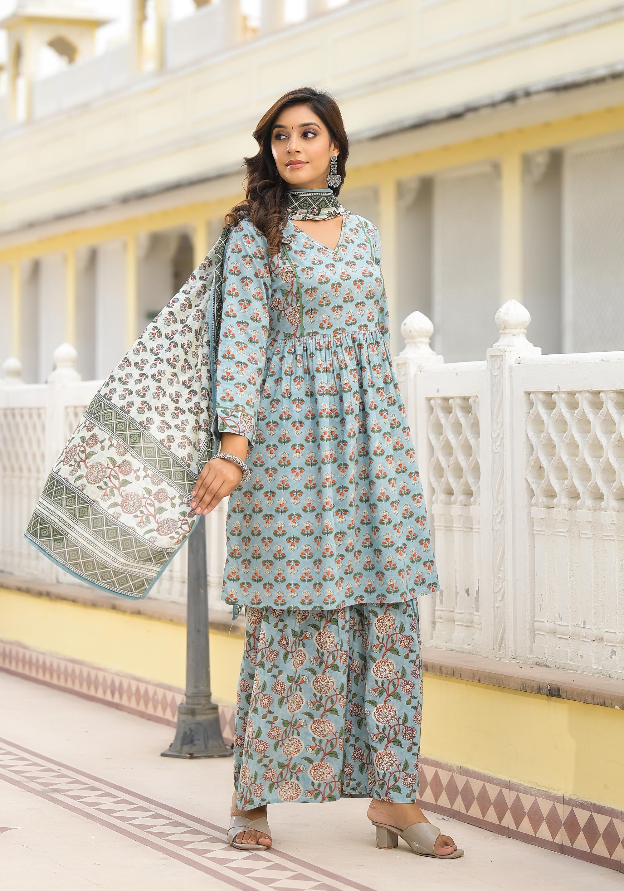 Juniper Grey Floral Printed Cotton Kurta Sharara And Dupatta Set With Sequins