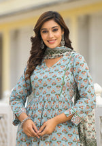 Thumbnail for Juniper Women's Grey Floral Printed Cotton Kurta Sharara And Dupatta Set With Sequins - Distacart
