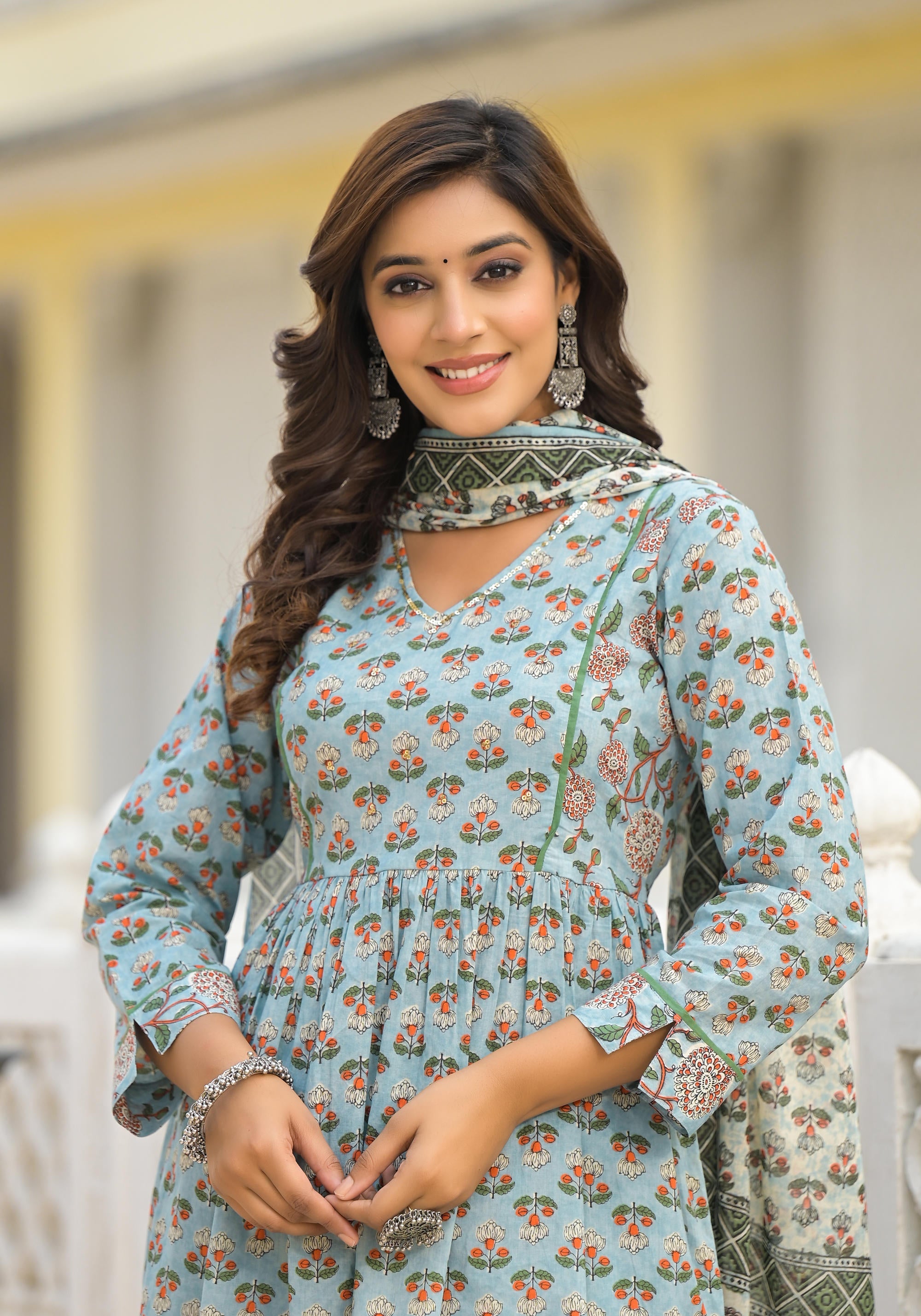 Juniper Grey Floral Printed Cotton Kurta Sharara And Dupatta Set With Sequins