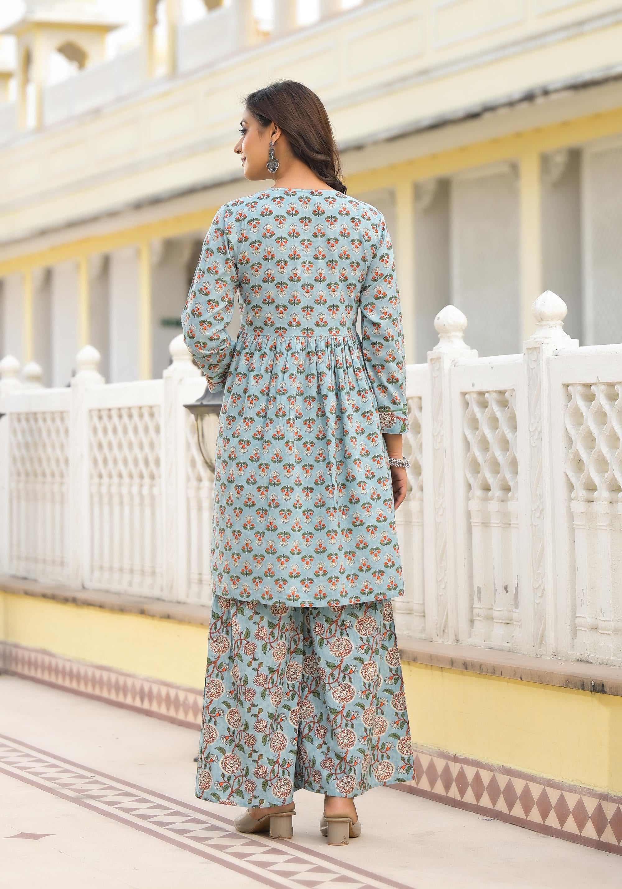 Juniper Grey Floral Printed Cotton Kurta Sharara And Dupatta Set With Sequins
