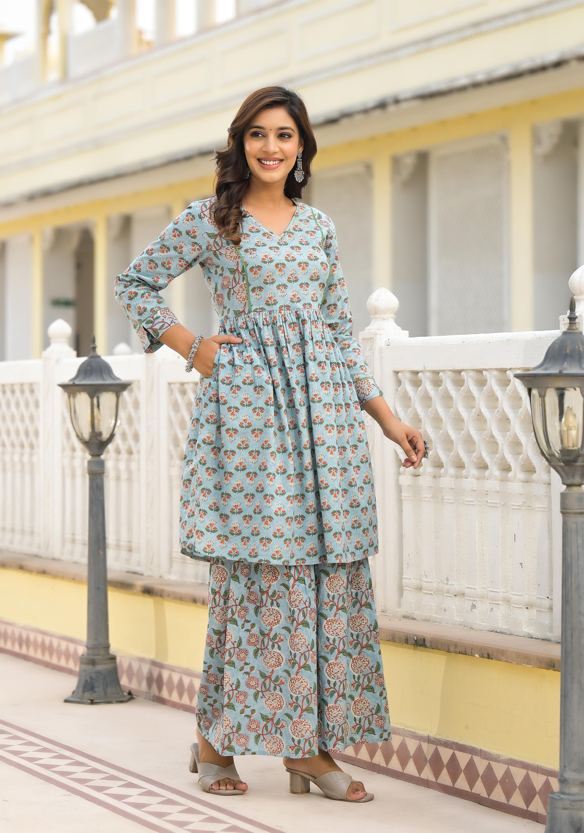 Juniper Women's Grey Floral Printed Cotton Kurta Sharara And Dupatta Set With Sequins - Distacart