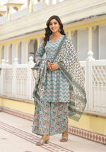 Thumbnail for Juniper Women's Grey Floral Printed Cotton Kurta Sharara And Dupatta Set With Sequins - Distacart