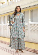 Thumbnail for Juniper Women's Grey Floral Printed Cotton Kurta Sharara And Dupatta Set With Sequins - Distacart