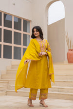 Thumbnail for Juniper Mustard Embroidered Kurta Set With Printed Pant & Dupatta - Distacart