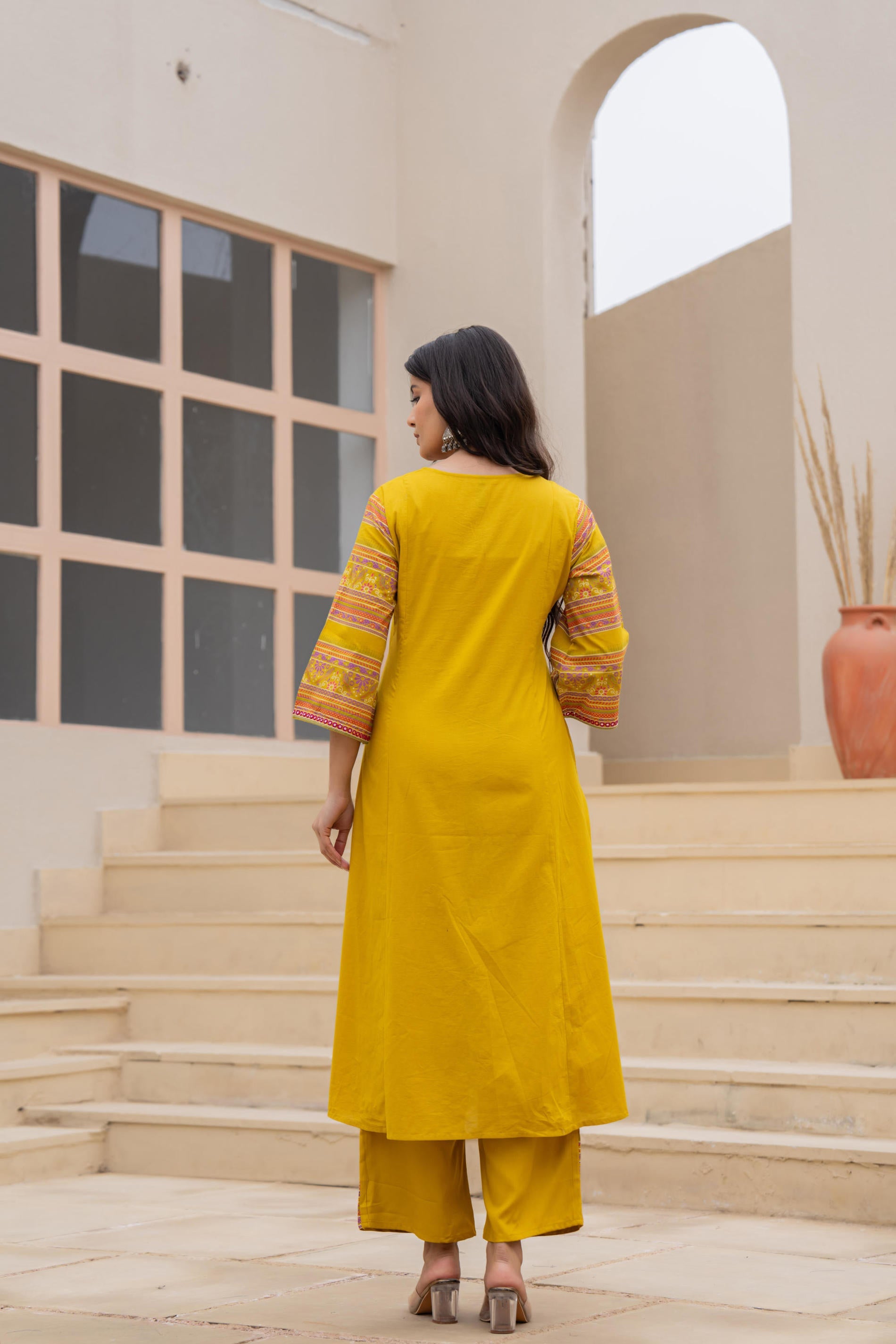Juniper Mustard Embroidered Kurta Set With Printed Pant & Dupatta - Distacart