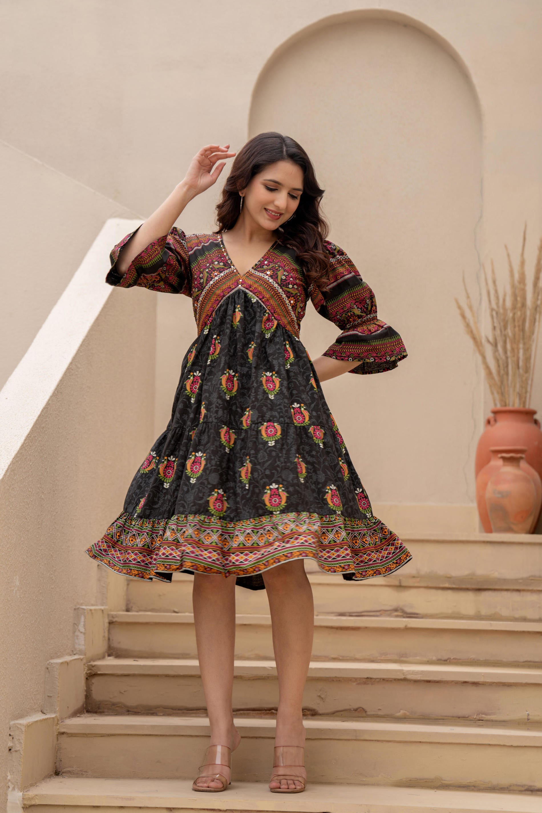 Juniper Black Printed Fit & Flare Dress with Tribal Border