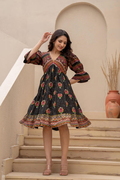 Juniper Black Printed Fit & Flare Dress With Tribal Border