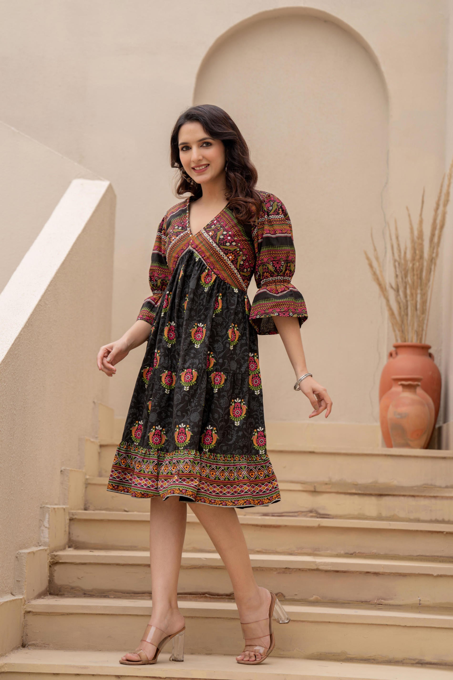 Juniper Black Printed Fit & Flare Dress with Tribal Border