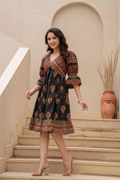 Juniper Black Printed Fit & Flare Dress with Tribal Border - Distacart