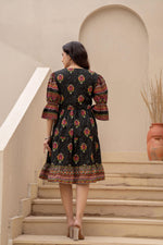 Thumbnail for Juniper Black Printed Fit & Flare Dress With Tribal Border