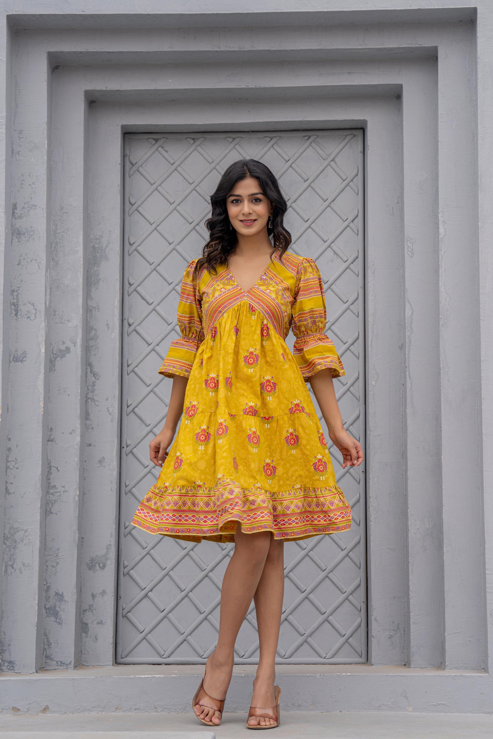Juniper Mustard Printed Fit & Flare Dress with Tribal Border - Distacart