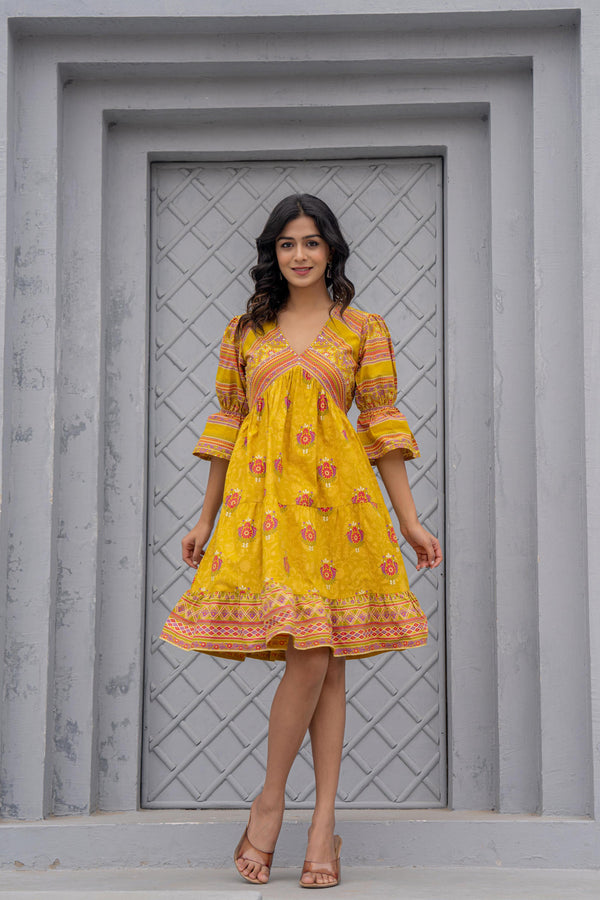 Juniper Mustard Printed Fit & Flare Dress with Tribal Border