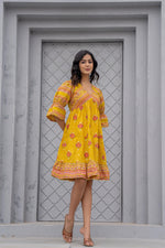 Thumbnail for Juniper Mustard Printed Fit & Flare Dress with Tribal Border