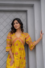 Thumbnail for Juniper Mustard Printed Fit & Flare Dress With Tribal Border - Distacart
