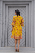 Thumbnail for Juniper Mustard Printed Fit & Flare Dress with Tribal Border