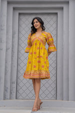 Thumbnail for Juniper Mustard Printed Fit & Flare Dress with Tribal Border