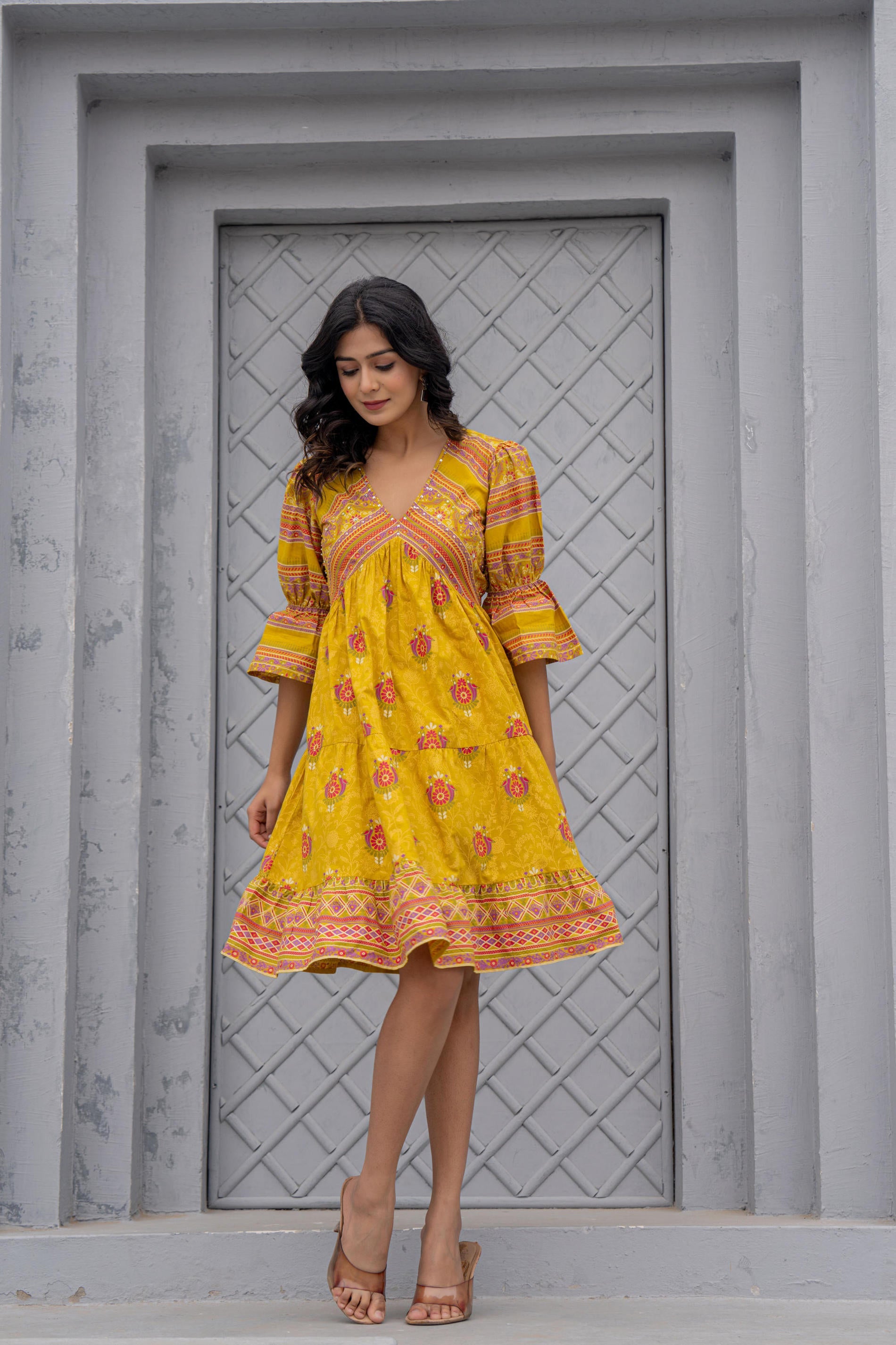 Juniper Mustard Printed Fit & Flare Dress with Tribal Border